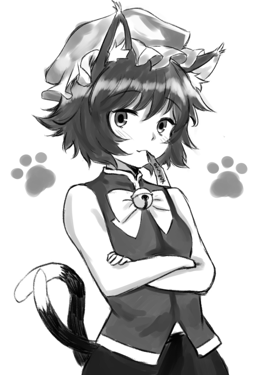 animal_ear_fluff animal_ears bad_id bad_pixiv_id bare_shoulders bell bow bowtie breasts cat_ears cat_tail chen crossed_arms female greyscale hat highres jingle_bell looking_at_viewer mob_cap monochrome mouth_hold multiple_tails nekomata oerba_yun_fang paw_print paw_print_background petite sen_(daydream_53) short_hair simple_background skin_fang small_breasts solo tail touhou two_tails upper_body