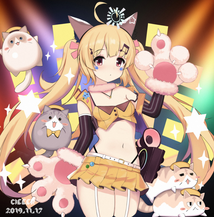 =_= absurdres ahoge animal_hands azur_lane belt blonde_hair blush breasts cat_paws commentary_request crop_top eldridge_(azur_lane) eldridge_(kitty_idol)_(azur_lane) facial_mark feline female fur_choker fur_trim garter_straps gloves hair_ornament highleg highleg_panties highres long_hair looking_at_viewer megaphone meowfficer_(azur_lane) midriff miniskirt musical_note musical_note_hair_ornament navel official_alternate_costume orange_skirt panties paw_gloves pleated_skirt skirt sleeveless small_breasts star_(symbol) strap_slip twintails underwear very_long_hair white_belt wulala