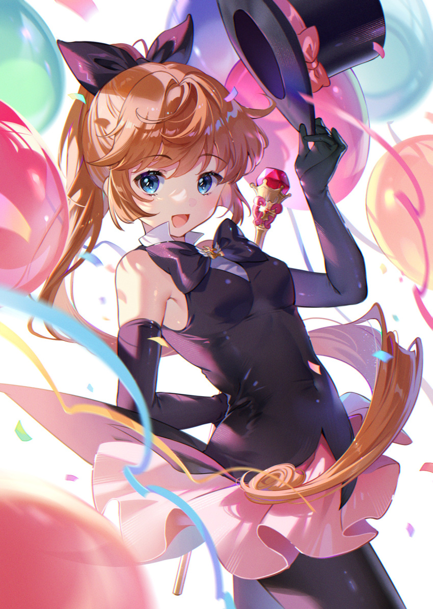 balloon blue_eyes bodysuit bow bowtie breasts collar covered_navel ekita_kuro elbow_gloves female gloves hair_ribbon haneoka_meimi hat hat_bow highres holding holding_clothes holding_hat holding_wand kaitou_saint_tail long_hair looking_at_viewer magical_girl open_mouth orange_hair pantyhose pink_bow pink_skirt pleated_skirt ponytail purple_gloves purple_hat purple_pantyhose purple_ribbon ribbon saint_tail sideboob sidelocks skindentation skirt sleeveless small_breasts solo top_hat unworn_hat unworn_headwear very_long_hair wand white_collar