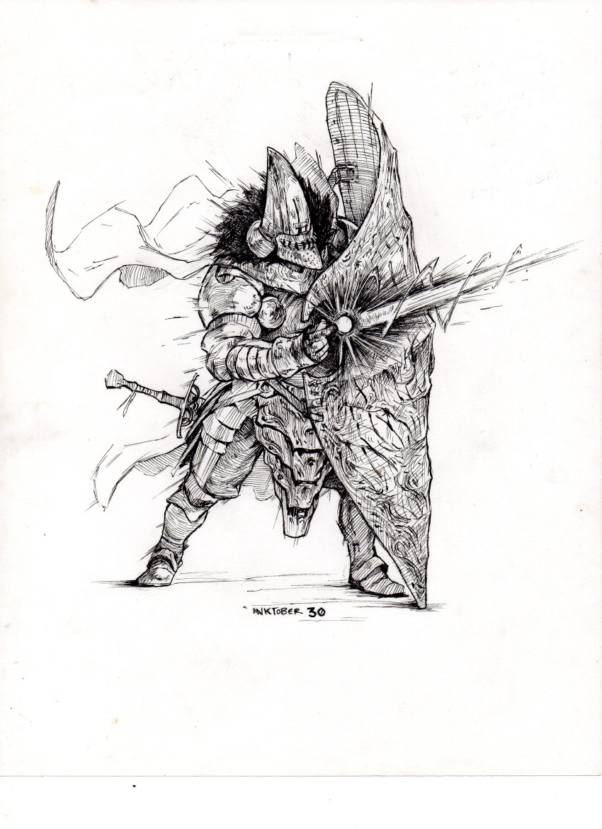 1other absurdres ambiguous_gender armor bassinet boots cape commentary copyright_request english_commentary floating_cape from_side gauntlets greaves greyscale helmet highres hounskull ink_(medium) inktober long_sword magic manuel_castanon monochrome pauldrons pelvic_curtain pointing scan shield shoulder_armor simple_background solo sword tower_shield traditional_media weapon white_background