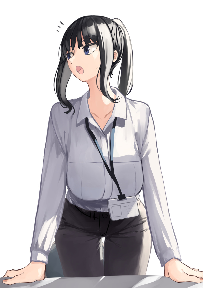 :o absurdres black_hair black_pants breasts collarbone commentary_request female highres hr_lady_(rucchiifu) lanyard large_breasts leaning_forward long_hair long_sleeves looking_to_the_side notice_lines open_collar original pants ponytail rucchiifu shirt sidelocks solo sweatdrop thigh_gap white_shirt