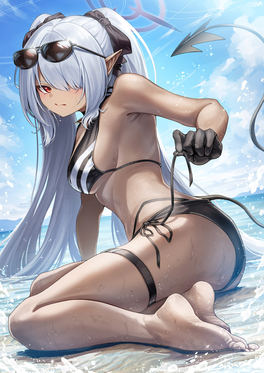 ass barefoot beach bikini black-framed_eyewear black_bikini black_gloves blue_archive blue_sky bow breasts closed_mouth cloud dark-skinned_female dark_skin day demon_tail eyewear_on_head female full_body gloves grey_hair grey_halo hair_over_one_eye hairbow halo highres iori_(blue_archive) long_hair looking_at_viewer medium_breasts official_alternate_costume outdoors pointy_ears red_eyes sitting sky soles solo sunglasses sunlight swimsuit tail thigh_strap thighs very_long_hair water yokozuwari yuiko_(yuiyuiko_108)