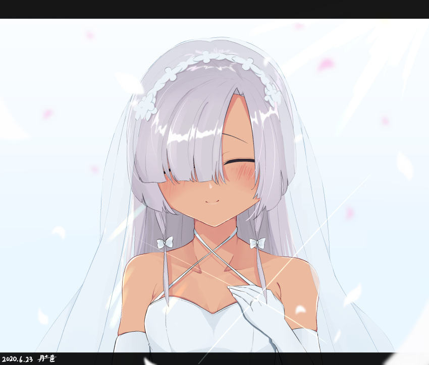 bare_shoulders blush bridal_veil bride closed_eyes closed_mouth collarbone commentary_request dark-skinned_female dark_skin dated dress elbow_gloves female gloves grey_hair hair_over_one_eye halter_dress halterneck highres jewelry letterboxed long_hair low-tied_sidelocks parted_bangs ring smile sparkle tenka_hyakken torikai_rai_kunitsugu tukimiyage upper_body veil wedding_dress wedding_ring white_dress white_gloves