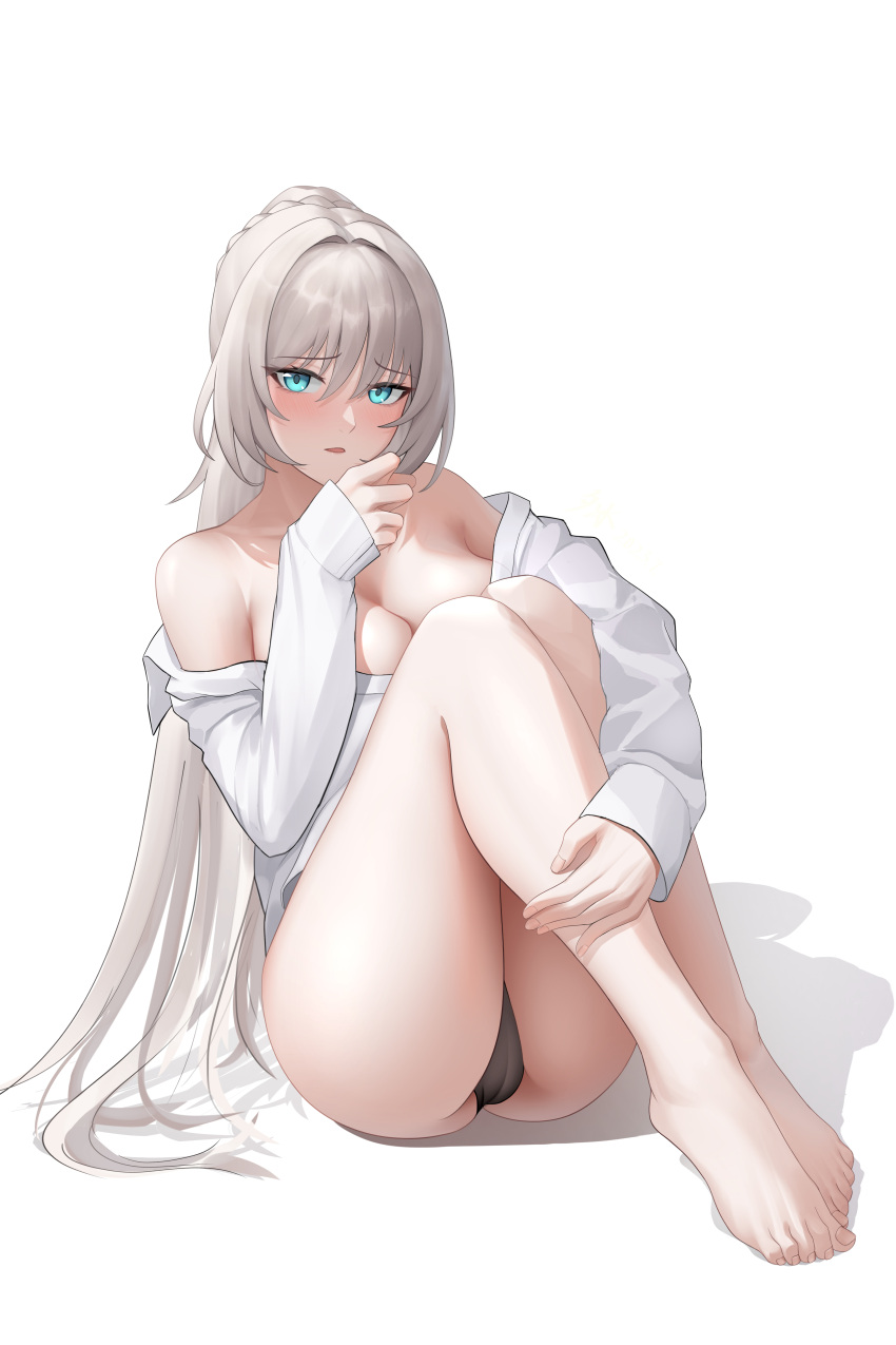 absurdres an-94_(girls'_frontline) aqua_eyes black_panties blonde_hair breasts cameltoe cleavage constantine-xii dress_shirt female girls'_frontline highres large_breasts long_hair long_sleeves looking_at_viewer off_shoulder panties shirt sitting solo underwear very_long_hair white_shirt