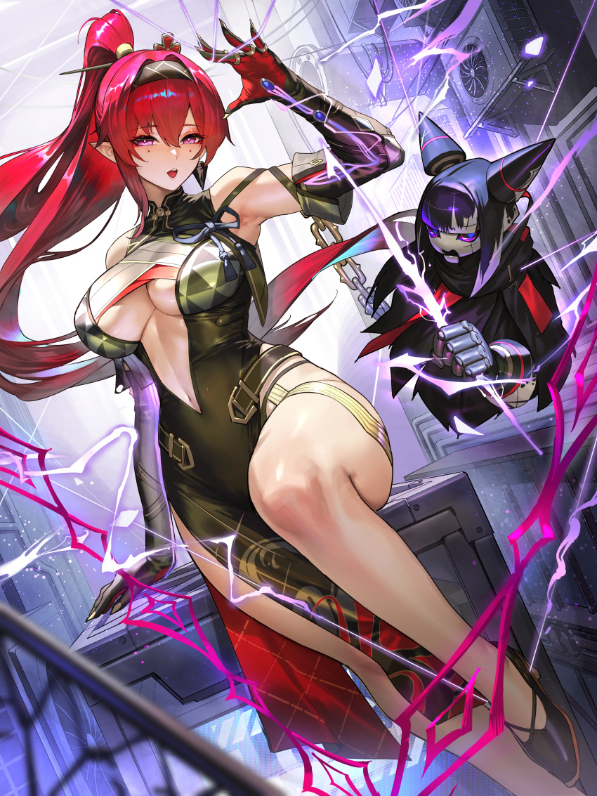 1other absurdres bare_shoulders breasts cleavage detached_sleeves electricity female gloves highres jinlin knee_up pelvic_curtain ponytail puppet purple_eyes red_hair solo_focus wuthering_waves yinlin_(wuthering_waves)