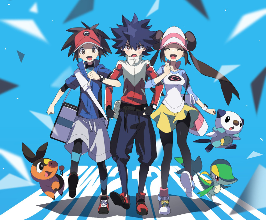 2boys :d bag black_pantyhose blue_jacket bodysuit bodysuit_under_clothes breasts brown_eyes female hand_up highres hugh_(pokemon) jacket multiple_boys nate_(pokemon) open_mouth oshawott pants pantyhose pokemon pokemon_(creature) pokemon_bw2 red_footwear rosa_(pokemon) shirt shoes short_hair shorts smile snivy spiked_hair starter_pokemon_trio tepig visor_cap wadasada yellow_shorts zipper_pull_tab