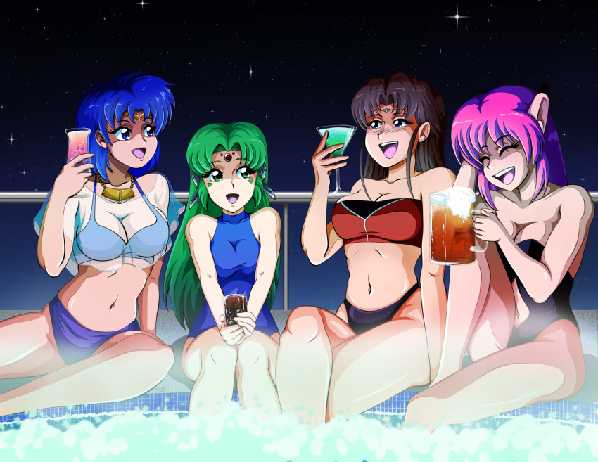 4girls absurdres alcohol android beer beer_mug bikini black_one-piece_swimsuit blue_bikini blue_eyes blue_hair blue_one-piece_swimsuit breasts bubble casual_one-piece_swimsuit cleavage closed_eyes clothing_cutout cocktail cocktail_glass crossed_legs cup drink drinking_glass drunk fal_(phantasy_star) forehead_jewel furena green_eyes green_hair hand_on_floor hand_on_own_head highleg highleg_bikini highleg_swimsuit highres holding holding_cup hot_tub hurricane_glass ice ice_cube jewelry laughing legs_together long_hair lyla_brangwin mug multicolored_clothes multicolored_swimsuit multiple_girls navel navel_cutout necklace night night_sky one-piece_swimsuit parted_bangs phantasy_star phantasy_star_iv pink_hair pointy_ears pool robot_ears see-through see-through_shirt shess_tierney shirt short_hair sky smile soda star_(sky) starry_sky steam strapless strapless_bikini strapless_one-piece_swimsuit swimsuit tedbob84 teeth tiara toasting_(gesture) tube_top upper_teeth_only