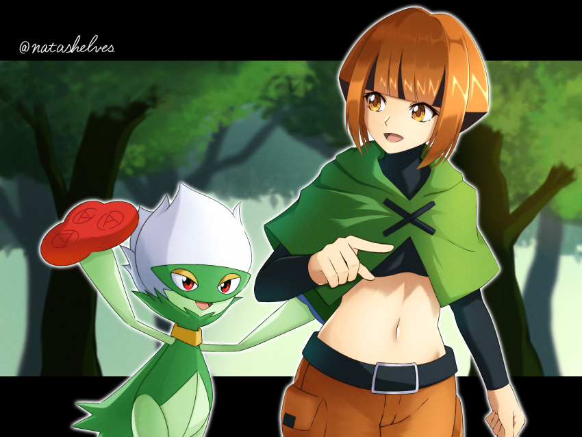 :d belt black_belt black_shirt capelet clenched_hand commentary_request cropped_shirt day female gardenia_(pokemon) green_capelet highres letterboxed midriff multicolored_hair navel open_mouth orange_hair outdoors outline pointing pokemon pokemon_(creature) pokemon_dppt roserade sherufu_(natashelves) shirt shorts smile tongue tree two-tone_hair