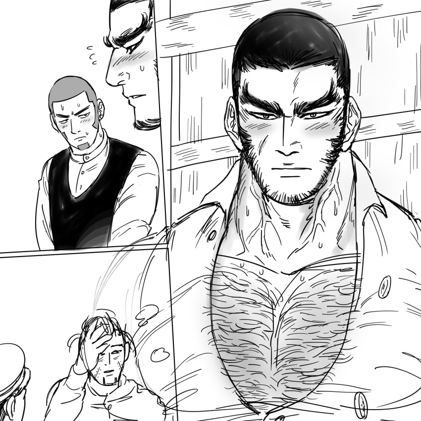 3boys absurdres bara beard_stubble black_hair blush bursting_pectorals buzz_cut facial_hair flying_button golden_kamuy greyscale highres large_pectorals long_sideburns male_focus mature_male monochrome multiple_boys muscle_awe muscular muscular_male ogata_hyakunosuke pectoral_cleavage pectorals rakko-nabe scar scar_on_cheek scar_on_face shiraishi_yoshitake short_hair sideburns stubble tanigaki_genjirou thick_chest_hair thick_eyebrows unfinished upper_body very_short_hair wrrmfla yaoi