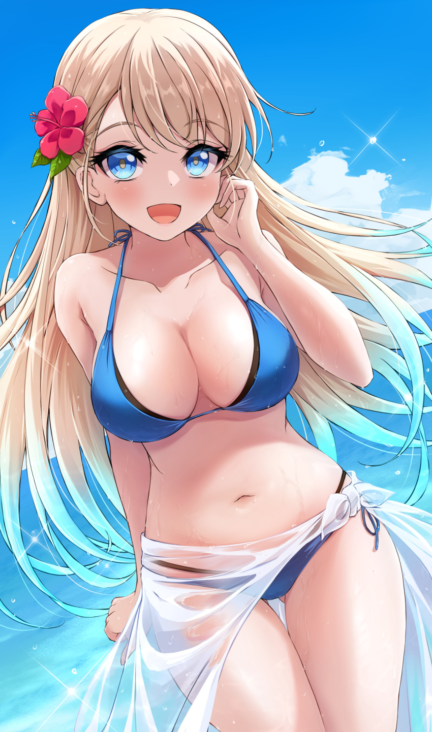 akirappy bikini blonde_hair blue_bikini blue_eyes blue_sky breasts cleavage cloud commentary_request female hair_flaps highres long_hair medium_breasts monster_strike open_mouth shennong_(monster_strike) side-tie_bikini_bottom sky smile solo standing swimsuit thigh_gap