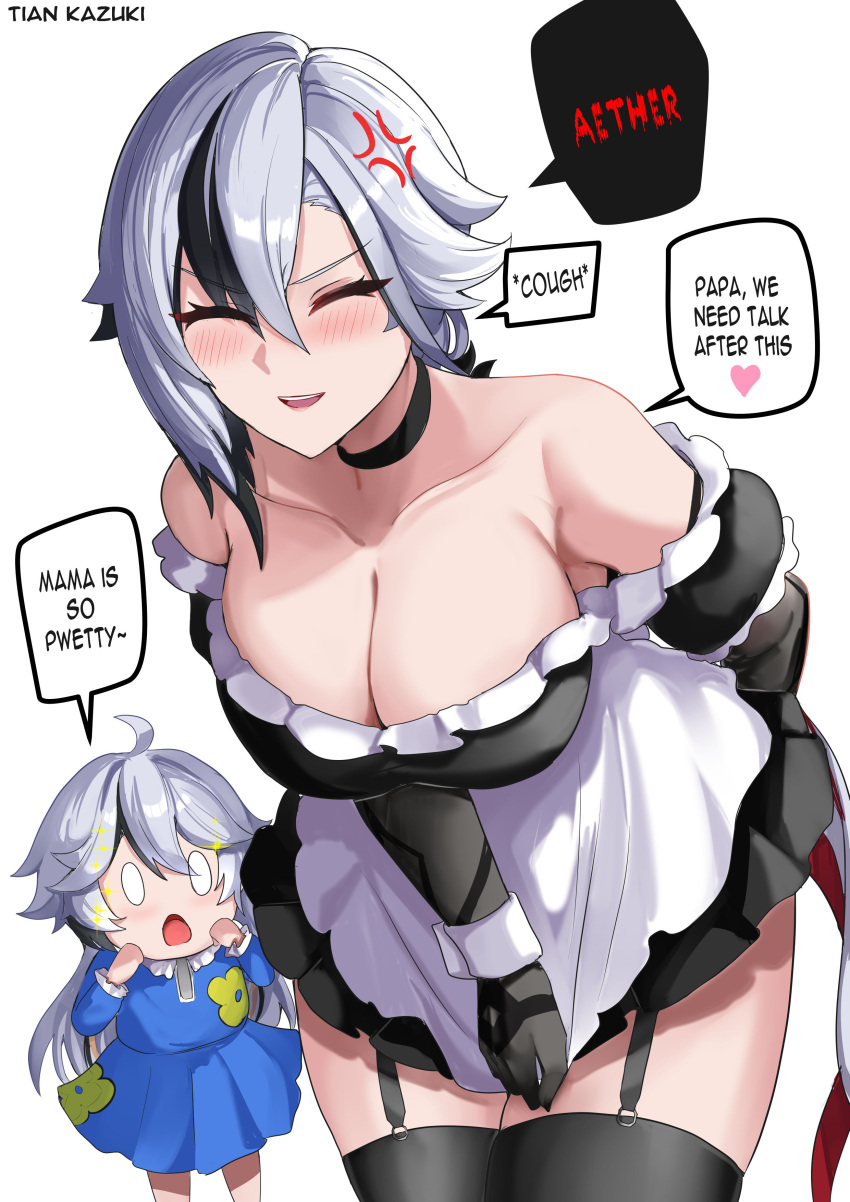 2girls :d ^_^ absurdres ahoge alternate_costume anger_vein apron arlecchino_(genshin_impact) bare_shoulders black_choker black_dress black_hair black_thighhighs blue_dress blush breasts choker cleavage closed_eyes collarbone dress enmaided garter_straps genshin_impact grey_hair heart highres large_breasts maid mother_and_daughter multicolored_hair multiple_girls off-shoulder_dress off_shoulder puffy_short_sleeves puffy_sleeves short_sleeves simple_background smile speech_bubble streaked_hair thighhighs thighs tian_kazuki waist_apron white_apron white_background