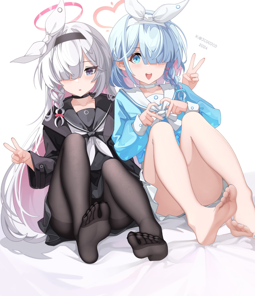 2024 2girls absurdres arona_(blue_archive) bare_legs barefoot bed_sheet black_choker black_coat black_eyes black_hairband black_pantyhose black_sailor_collar black_serafuku black_shirt black_skirt blue_archive blue_eyes blue_nails blue_shirt blush bow bow_hairband braid choker coat colored_inner_hair dorsiflexion double_v feet fingernails foot_focus foreshortening grey_hair hair_over_one_eye hairband halo heart heart_halo heart_hands highres knees_up long_sleeves looking_at_viewer multicolored_hair multiple_girls nail_polish neckerchief no_shoes one_eye_covered open_clothes open_coat open_mouth pantyhose parted_lips pink_hair pink_halo plana_(blue_archive) pleated_skirt puffy_long_sleeves puffy_sleeves red_halo sailor_collar school_uniform senjouhara_nira serafuku shirt short_hair side-by-side side_braid simple_background single_braid sitting skirt smile soles teeth thighband_pantyhose toenail_polish toenails toes twitter_username two-tone_hair upper_teeth_only v white_background white_bow white_choker white_hairband white_neckerchief white_sailor_collar white_skirt