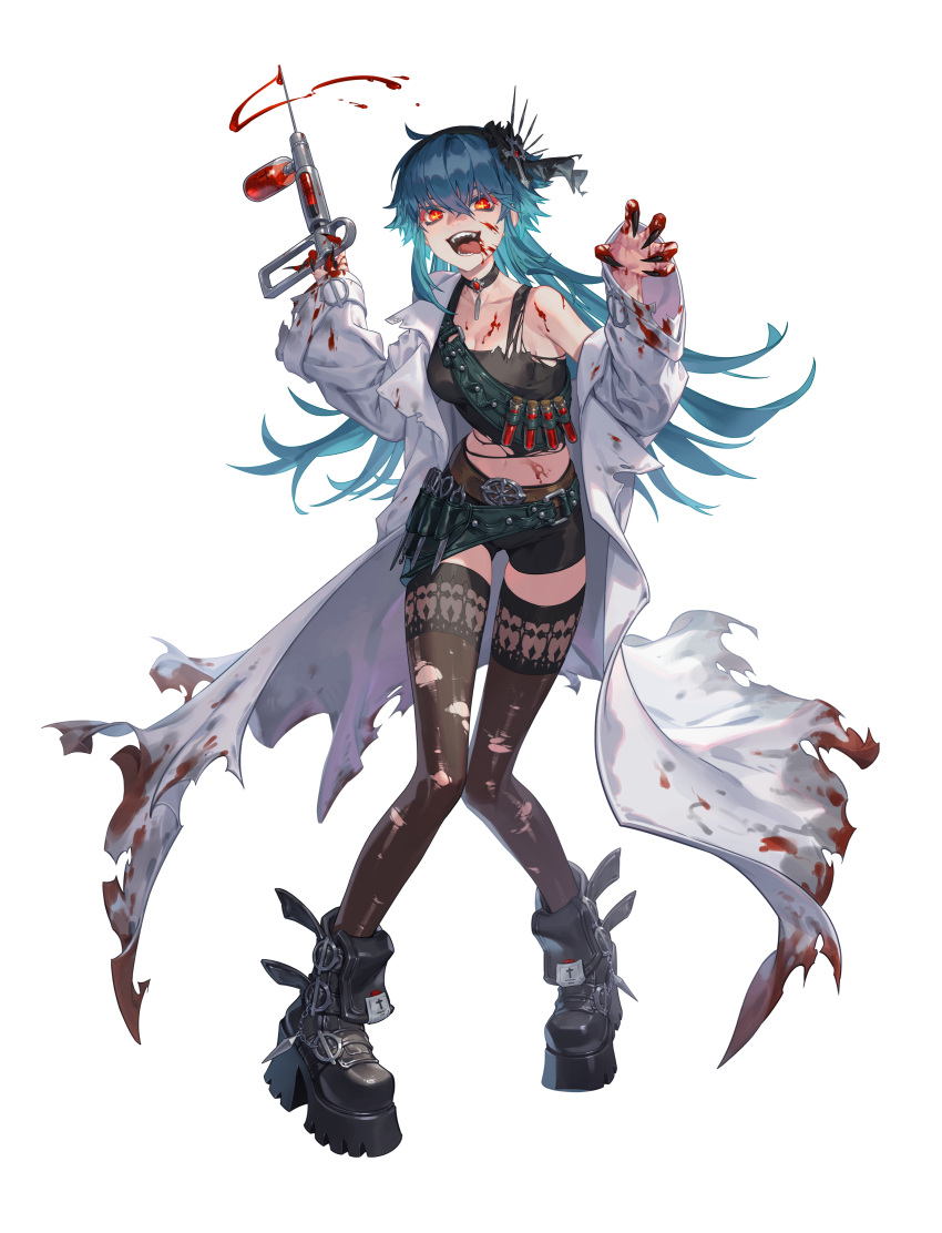 absurdres aqua_hair artist_request belt_buckle bianca_(black_survival) black_choker black_claws black_footwear black_nails black_survival black_tank_top black_thighhighs blood blood_in_mouth blood_on_chest blood_on_clothes blood_on_face blood_on_hands blood_on_stomach blood_vial blue_eyeshadow blue_hair boxers breasts buckle choker claws collarbone crazy crazy_eyes crazy_smile cross-shaped_pupils cross_hair_ornament eyeshadow female fingernails gem glaring glowing glowing_eyes hair_ornament highres hook knees_together_feet_apart leather_belt long_bangs long_eyelashes long_hair looking_at_viewer makeup male_underwear medium_breasts messy messy_hair midriff multicolored_hair navel needle official_alternate_costume open_mouth pale_skin pantyhose pendant_choker pigeon-toed platform_footwear projectile_blood puffy_sleeves red_eyes red_eyeshadow red_gemstone scissors sharp_fingernails shirt side_ahoge single_bare_shoulder single_off_shoulder skinny smile solo symbol-shaped_pupils tank_top thighhighs tongue tongue_out tool_belt torn_clothes torn_pantyhose torn_shirt torn_tank_top transparent_background tweezers two-tone_hair underwear vampire very_long_fingernails vial water_gun yellow_eyes