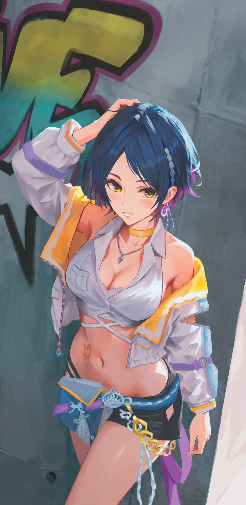 absurdres armpit_peek armpits bare_shoulders belt blue_hair blush breasts choker cleavage cleavage_cutout clothing_cutout commentary_request concrete crop_top female graffiti hair_ornament hand_on_own_head hand_up hayami_kanade highres idolmaster idolmaster_cinderella_girls jacket jewelry medium_breasts midriff multicolored_hair navel necklace open_clothes open_jacket outdoors parted_bangs qingli_ye shirt short_hair shorts smile solo standing stomach teeth thighs two-tone_hair yellow_eyes