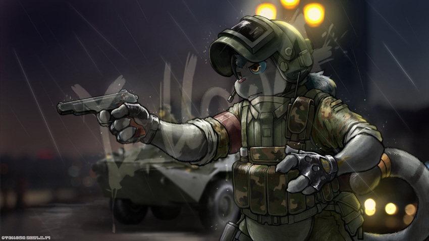 altyn_helmet anthro apc armor camo clothing detailed_background felid feline fingerless_gloves gloves gun handgun handwear headgear helmet hi_res him_army male mammal military pistol pouches raining ranged_weapon solo vehicle weapon