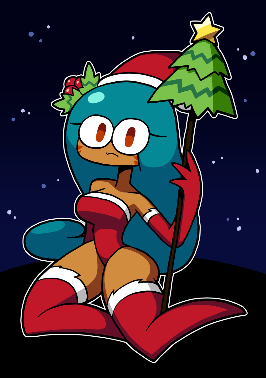 basic_background christmas_clothing christmas_outfit christmas_tree cookie_run cookie_run_kingdom cute_fang dark-skinned_female fang orange_eyes sitting sitting_on_floor stars teal_hair tiger_lily_cookie tungmi9697