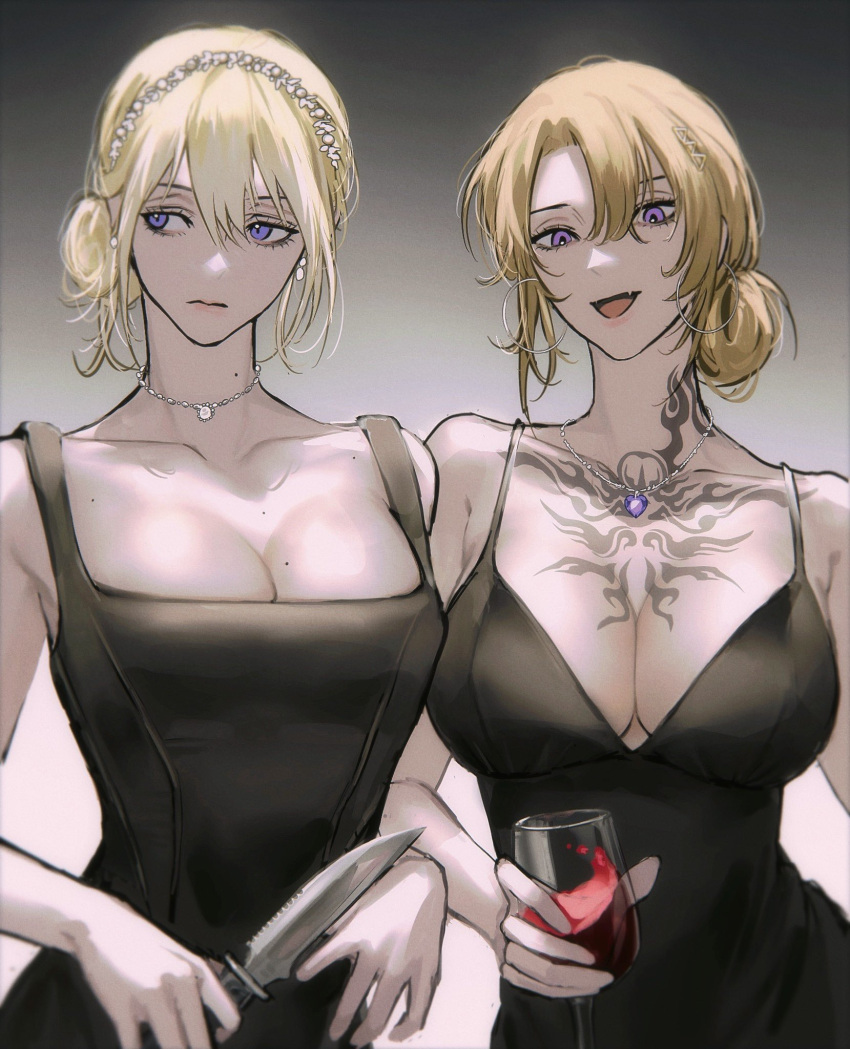 2girls alcohol bare_shoulders black_dress blonde_hair breasts chest_tattoo cleavage closed_mouth collarbone commentary cup dress drinking_glass earrings eyelashes gem genderswap_(mtf) gradient_background grey_background hair_between_eyes hair_bun hair_ornament hairband hairclip heart heart_necklace highres holding holding_cup holding_knife hoop_earrings jewelry knife large_breasts looking_at_viewer looking_away luca_kaneshiro lucy_kaneshiro mole mole_on_breast mole_on_neck multiple_girls multiple_moles necklace nijisanji nijisanji_en oerba_yun_fang open_mouth parted_bangs pearl_(pe4rrrrrl) purple_eyes purple_gemstone rule_63 sidelocks simple_background single_hair_bun skin_fang sleeveless sleeveless_dress smile sonny_brisko tattoo virtual_youtuber wine wine_glass