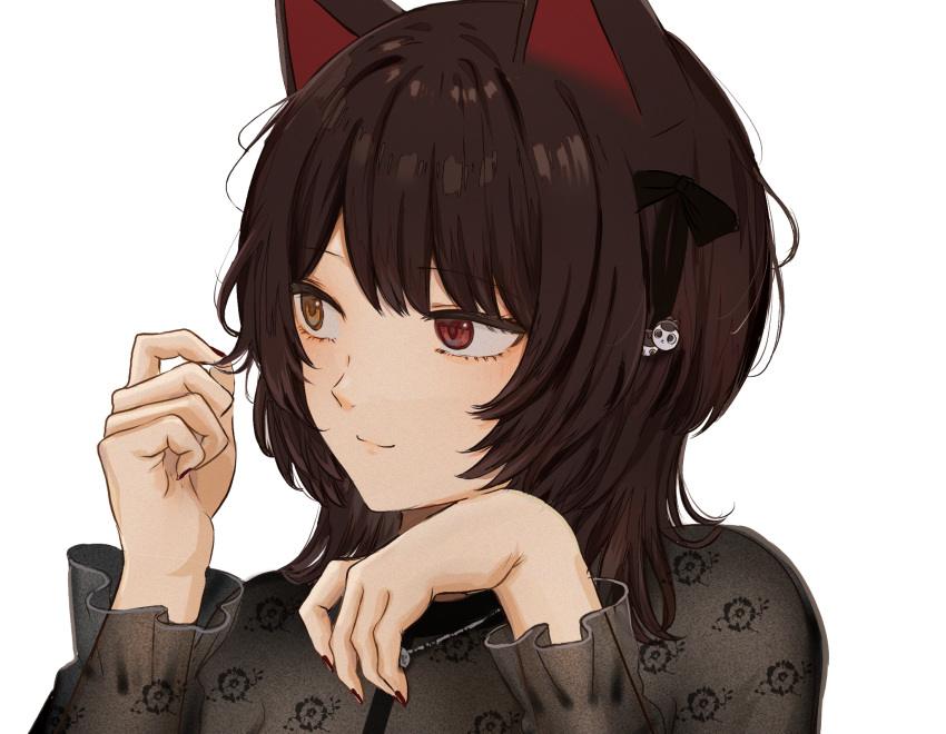 :3 animal_ears black_ribbon brown_eyes brown_hair closed_mouth commentary dog_ears female hair_between_eyes hair_ribbon heterochromia highres ibuki_(ibuki0118) inui_toko inui_toko_(5th_costume) long_sleeves looking_to_the_side medium_hair nijisanji official_alternate_costume official_alternate_hair_length official_alternate_hairstyle portrait red_eyes ribbon simple_background smile solo symbol-only_commentary twirling_hair virtual_youtuber white_background yellow_eyes