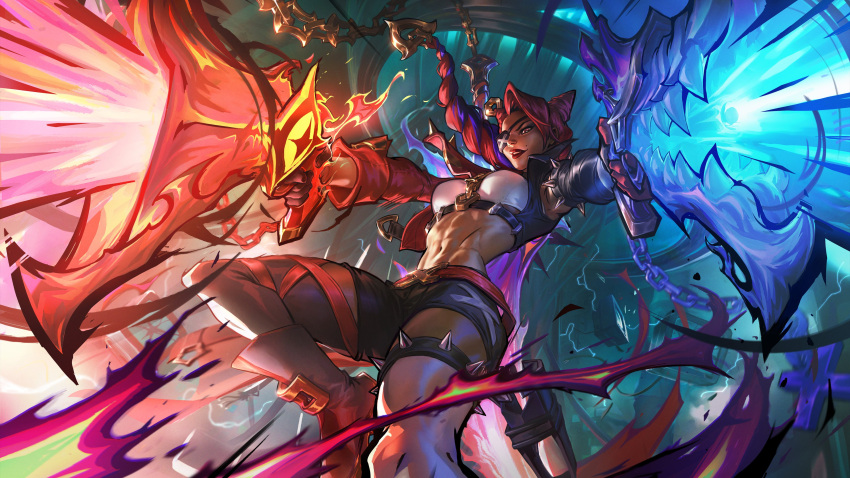 absurdres belt black_jacket black_shorts boots braid braided_ponytail breasts eyepatch female gloves gun hair_horns highres holding holding_gun holding_weapon jacket large_breasts league_of_legends mole mole_above_mouth multicolored_clothes multicolored_jacket navel official_art red_belt red_eyes red_footwear red_hair red_jacket samira shorts smile solo soul_fighter_samira spiked_thighlet stomach teeth two-tone_jacket weapon