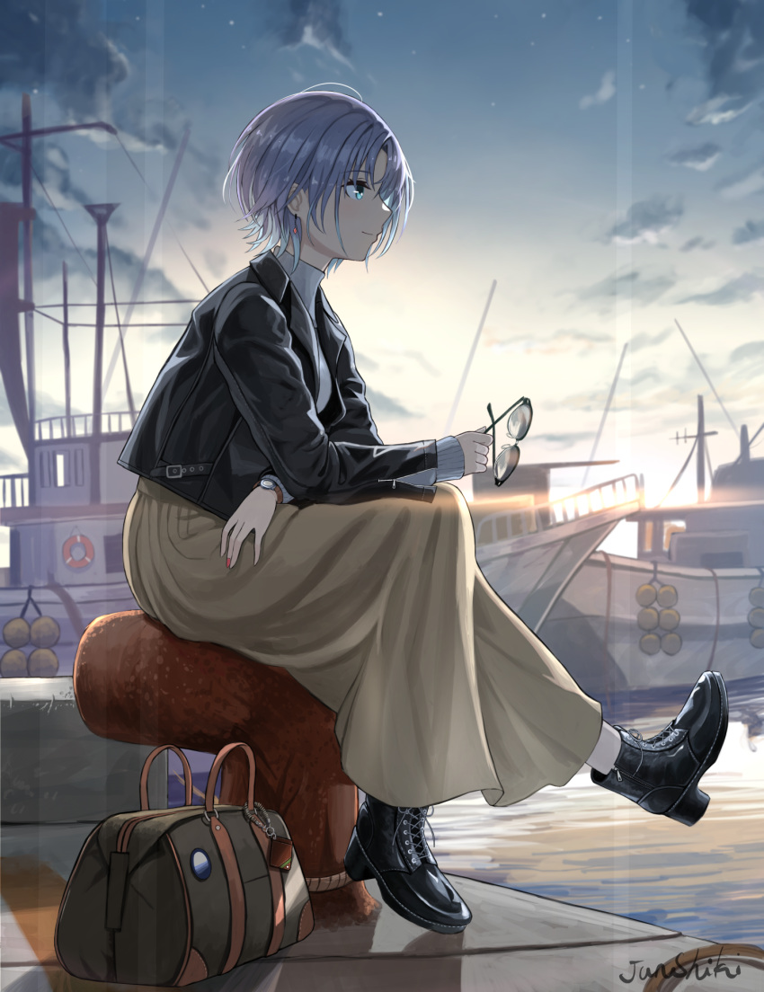 ahoge asakura_toru bag black_footwear blue_eyes boat bob_cut brown_skirt closed_mouth earrings grey_hair handbag high_heels highres idolmaster idolmaster_shiny_colors jacket jewelry junshiki leather leather_jacket long_skirt nail_polish ocean outdoors scenery shipyard short_hair signature sitting skirt smile sweater unworn_eyewear water watercraft