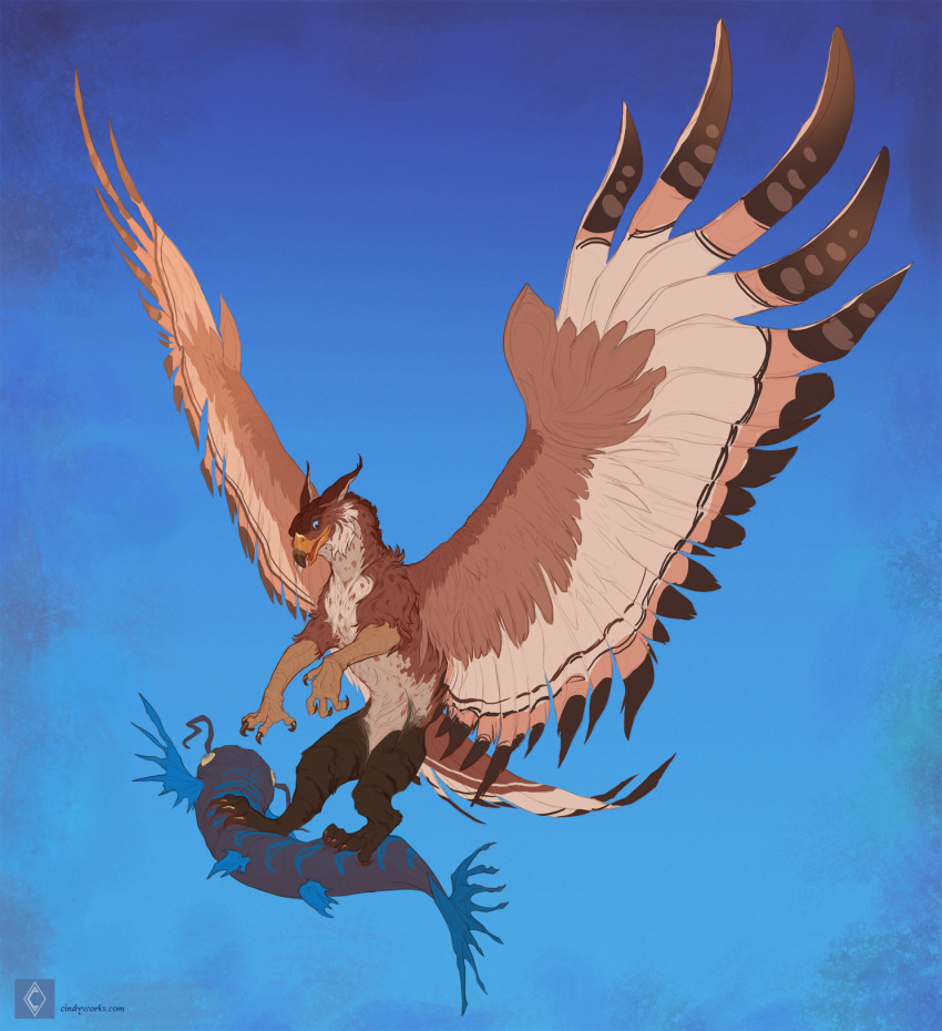 amarian avian beak blood blue_sclera bodily_fluids digital_media_(artwork) duo feathered_wings feathers feet feral fish flying fur gryphon hi_res looking_down marine mythological_avian mythological_creature mythology talons toes wings