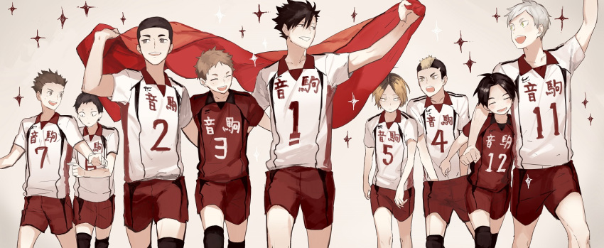 6+boys black_hair blonde_hair brown_hair buun_ko closed_eyes collared_shirt flag fukunaga_shouhei grey_hair grin haiba_lev haikyuu!! happy height_difference holding holding_flag hug inuoka_sou jersey kai_nobuyuki knee_pads kozume_kenma kuroo_tetsurou looking_at_another male_focus multicolored_hair multiple_boys open_mouth red_flag shibayama_yuki shirt short_hair shorts smile sparkle sportswear two-tone_hair volleyball_uniform walking yaku_morisuke yamamoto_taketora