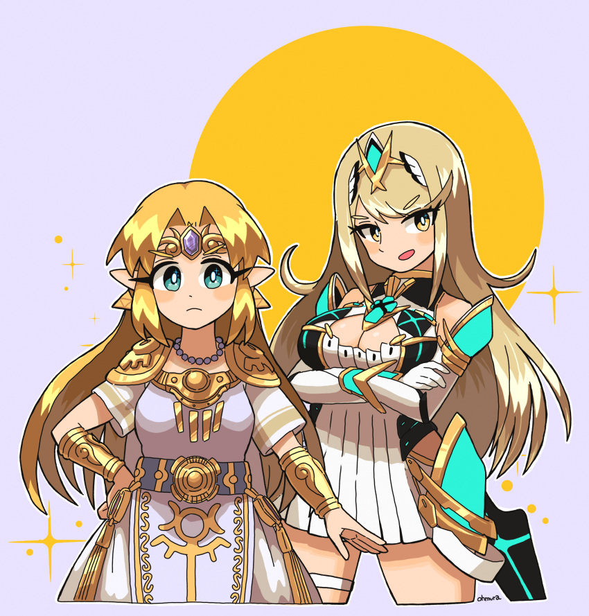 2girls absurdres alternate_color bare_legs bare_shoulders blonde_hair blush breasts chest_jewel circlet cleavage cleavage_cutout clothing_cutout commentary_request dress earrings elbow_gloves gem gloves headpiece highres jewelry long_hair looking_at_viewer multiple_girls mythra_(xenoblade) no_legwear omura_zojiki pointy_ears princess_zelda short_dress smile super_smash_bros. swept_bangs the_legend_of_zelda the_legend_of_zelda:_a_link_between_worlds thigh_strap tiara very_long_hair white_dress white_footwear white_gloves xenoblade_chronicles_(series) xenoblade_chronicles_2 yellow_eyes