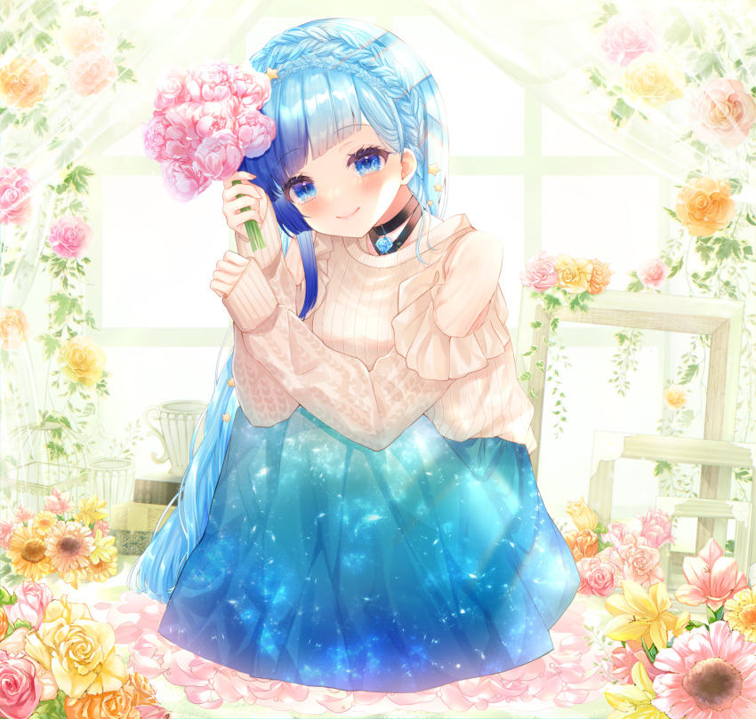 aoi_sana bad_id bad_pixiv_id black_choker blue_eyes blue_hair blue_skirt blunt_bangs blush bouquet braid choker closed_mouth crown_braid female flower hair_ornament highres holding holding_bouquet indie_virtual_youtuber long_hair long_skirt long_sleeves pink_flower pink_rose ribbed_sweater rose sasayaki_hisori sitting skirt sleeves_past_wrists smile solo star_(symbol) star_hair_ornament sweater virtual_youtuber white_sweater yellow_flower yellow_rose