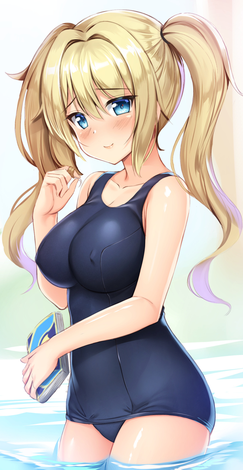 barbara_(genshin_impact) bare_shoulders blonde_hair blue_one-piece_swimsuit blush book breasts covered_nipples female genshin_impact half-closed_eyes highres holding holding_book kageira long_sleeves looking_at_viewer one-piece_swimsuit partially_submerged smile solo swimsuit twintails twirling_hair