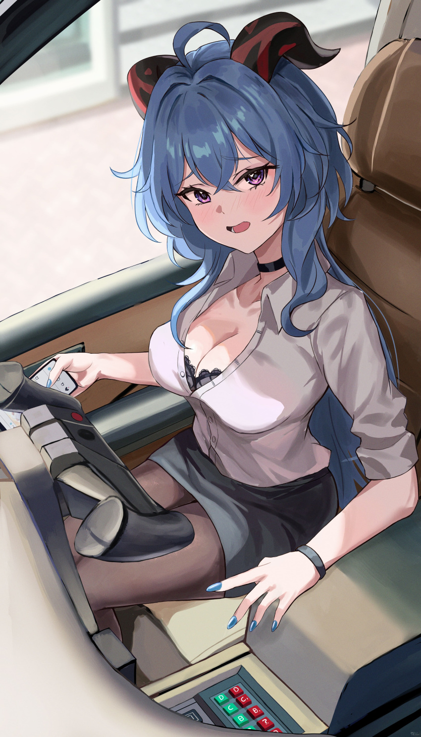 absurdres ahoge alternate_costume black_bra black_choker black_pantyhose blue_hair blue_nails bra bra_peek breasts brown_pantyhose car_interior cellphone choker cleavage collared_shirt contemporary crossover female ganyu_(genshin_impact) genshin_impact goat_horns highres holding holding_phone horns k.i.t.t knight_rider large_breasts office_lady pantyhose partially_unbuttoned pencil_skirt phone purple_eyes push-button shirt skirt smartphone solo steering_wheel thighs underwear vehicle_interior white_shirt yato_(yama0x1)