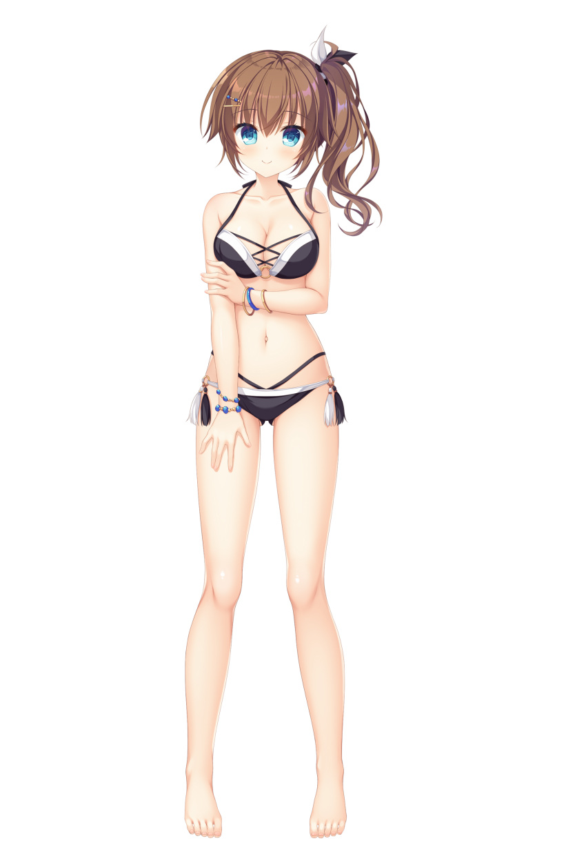 absurdres barefoot bikini black_bikini black_bow black_ribbon blue_eyes blush bow bracelet breasts brown_hair cleavage closed_mouth collarbone drapri_guu-ta-life_2 female full_body game_cg hair_between_eyes hair_ornament hairbow hairclip halterneck highres ichinose_suzuka jewelry long_hair looking_at_viewer medium_breasts multi-strapped_bikini navel ribbon smile solo standing swimsuit tachi-e takano_yuki_(allegro_mistic) transparent_background white_bow