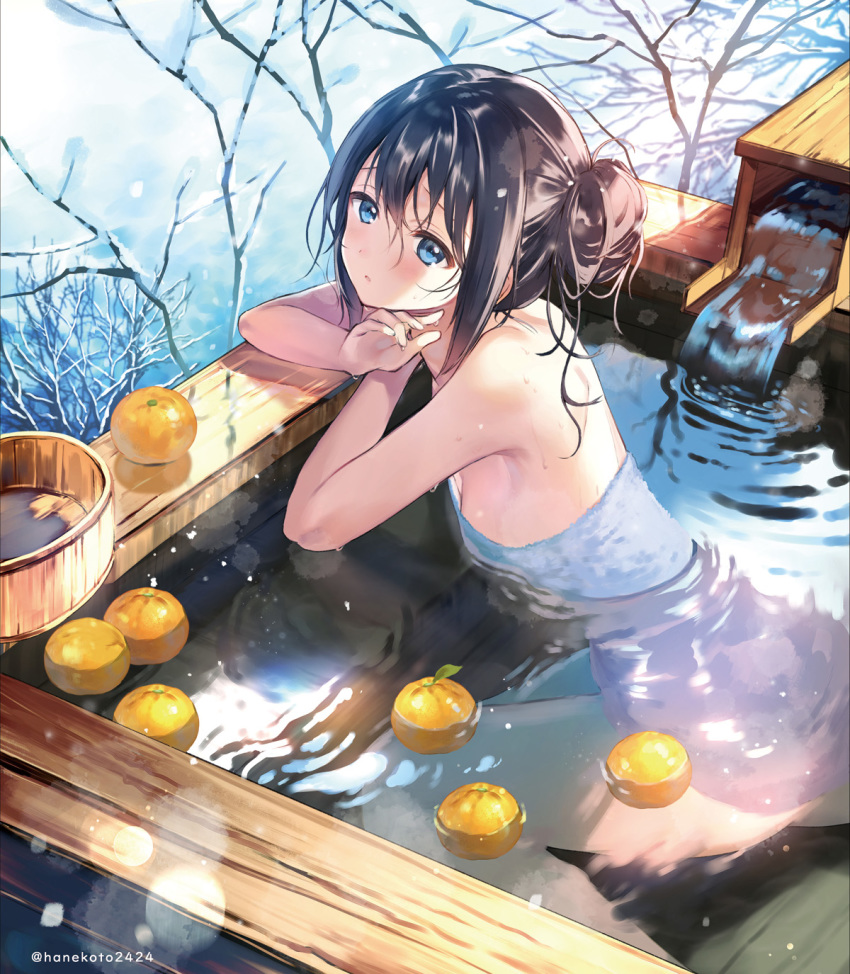 alternate_hairstyle armpits bare_tree bath black_hair blue_eyes bucket commentary_request female food fruit hair_bun hair_up hanekoto highres imouto_(hanekoto) long_hair looking_at_viewer looking_to_the_side mandarin_orange naked_towel ofuro onsen original outdoors parted_lips photoshop_(medium) sidelocks single_hair_bun single_side_bun snowing solo towel tree twitter_username water wet winter wooden_bucket yuzu_(fruit) yuzu_bath