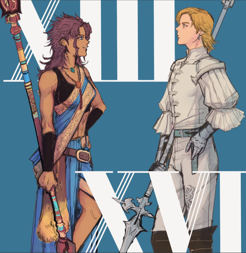 1boy belt bladed_lance blonde_hair blue_background brown_hair dark-skinned_female dark_skin dion_lesage female final_fantasy final_fantasy_xiii final_fantasy_xvi halberd highres in-franchise_crossover indian_clothes jewelry looking_at_another loose_belt necklace oerba_yun_fang polearm sari slackertherubycat smile standing trait_connection weapon