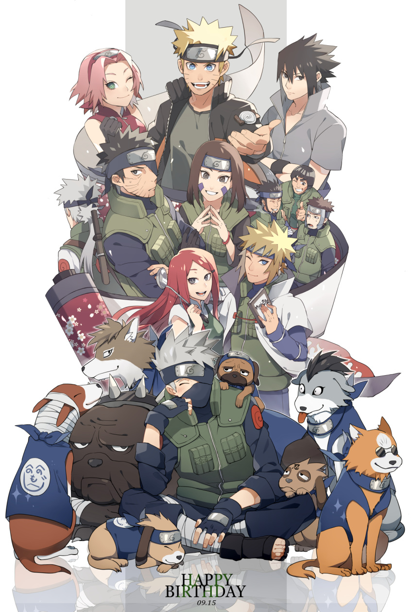 3girls 6+boys :d ^_^ akino_(naruto) animal apron bisuke_(naruto) black_eyes black_footwear black_gloves black_hair black_headband black_jumpsuit blonde_hair blue_eyes blue_gloves blue_headband blue_pants blue_shirt blush book bowl_cut brown_hair bull_(naruto) canine cigarette closed_eyes coat collared_jacket commentary_request dated facial_hair facial_mark facing_away family father_and_son fingerless_gloves forehead_protector full_body gloves goatee green_apron green_eyes green_vest grey_background grey_hair grey_jacket grin guruko_(naruto) hair_between_eyes hand_up happy happy_birthday hatake_kakashi hatake_sakumo headband highres holding holding_book holding_ladle husband_and_wife indian_style jacket jumpsuit kiragera konohagakure_symbol ladle leg_wrap long_coat long_hair long_sleeves looking_at_viewer low_ponytail mask might_guy mouth_hold mouth_mask multicolored_jumpsuit multiple_boys multiple_dogs multiple_girls namikaze_minato naruto_(series) naruto_shippuuden ninja ninja_mask nohara_rin on_shoulder one_eye_closed one_eye_covered open_mouth orange_jumpsuit outstretched_hand pakkun_(naruto) pants parted_bangs pink_hair red_hair red_headband red_jacket reflective_floor sakura_haruno sandals sarutobi_asuma scar scar_on_face scroll sheath sheathed shiba_(naruto) shirt short_hair short_sleeves sitting sleeveless sleeveless_jacket sleeves_rolled_up smile smoking spiral steepled_fingers sunglasses sweatdrop thick_eyebrows thumbs_up uchiha_obito uchiha_sasuke upper_body urushi_(naruto) uuhei_(naruto) uzumaki_kushina uzumaki_naruto uzumaki_symbol vest whisker_markings white_background white_coat white_shirt yamato_(naruto)