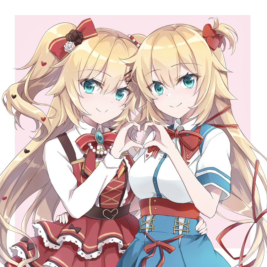 2girls akai_haato akai_haato_(1st_costume) akai_haato_(gothic_lolita) aqua_eyes blonde_hair bow bowtie breasts collared_shirt commentary dress dual_persona hair_ornament hairbow hand_on_another's_hip heart heart-shaped_pupils heart_hair_ornament heart_hands heart_hands_duo highres hololive large_breasts long_hair looking_at_viewer multiple_girls official_alternate_costume pink_background red_dress ribbon shirt simple_background smile symbol-shaped_pupils tm-pika upper_body virtual_youtuber