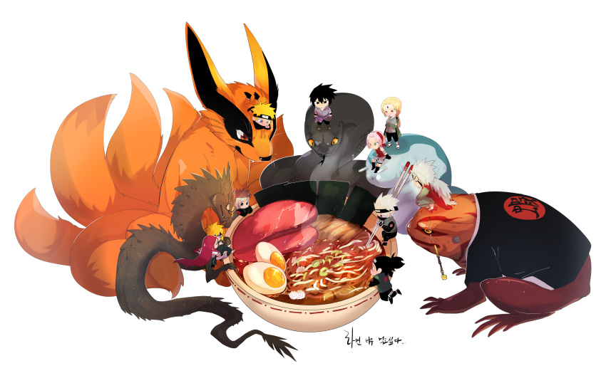 3girls 6+boys architecture black_eyes black_hair blonde_hair blue_eyes bowl brown_hair carrying chopsticks dress drooling east_asian_architecture egg food forehead_protector fox gloves green_eyes hatake_kakashi headband highres holding_person husband_and_wife jiraiya kurama_(naruto) kyuubi long_hair lying meat multiple_boys multiple_girls multiple_tails namikaze_minato naruto naruto_(series) naruto_shippuuden noodles on_stomach pink_hair ponytail princess_carry ramen red_eyes red_hair rotka sakura_haruno saliva sandals simple_background sitting slug snake spiked_hair standing tail toad_(animal) tsunade uchiha_sasuke umino_iruka uzumaki_kushina uzumaki_naruto vest white_background white_hair yamato_(naruto)