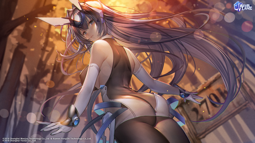 ass azur_lane bare_shoulders black_bodysuit blue_eyes blue_hair blush bodysuit bodysuit_under_clothes breasts closed_mouth commentary copyright_name dress elbow_gloves female gloves hanusu headgear highres large_breasts logo long_hair looking_at_viewer looking_back new_jersey_(azur_lane) official_art second-party_source short_dress simple_background skin_tight sleeveless sleeveless_dress smile white_gloves