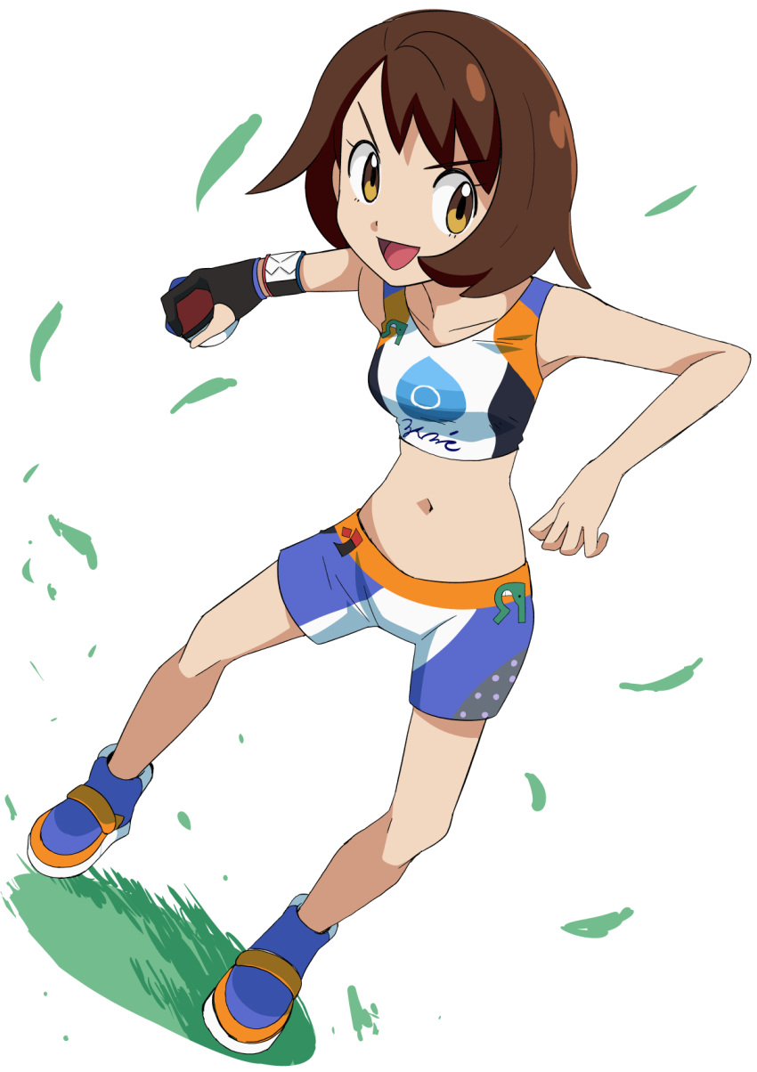 :d alternate_costume blue_footwear brown_eyes brown_hair commentary_request cosplay dynamax_band eyelashes female full_body gloria_(pokemon) gloves gym_trainer_(pokemon) gym_trainer_(pokemon)_(cosplay) hainchu highres holding holding_poke_ball navel open_mouth partially_fingerless_gloves poke_ball poke_ball_(basic) pokemon pokemon_swsh shoes short_hair shorts single_glove smile solo sports_bra tongue v-shaped_eyebrows white_sports_bra