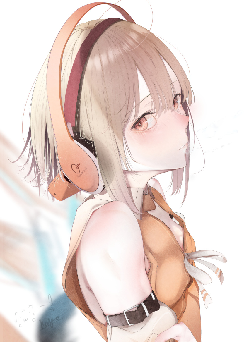 absurdres bare_shoulders blush brown_hair chunithm expressionless female headphones highres hito_komoru_(style) kisaragi_yaya looking_at_viewer nose_blush orange_eyes parted_lips short_hair simple_background sky_feather_(chunithm) solo upper_body white_background