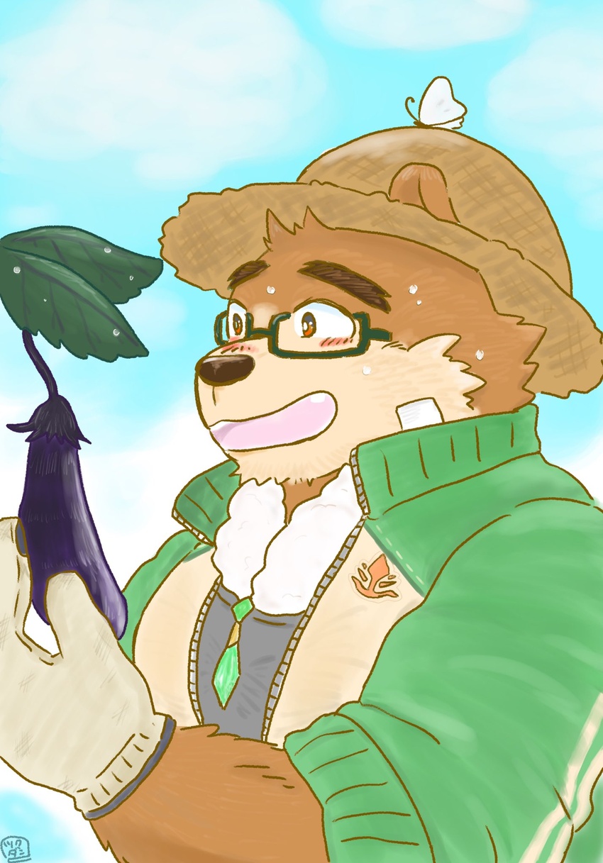 2020 29_da2 anthro bear blush brown_body brown_fur clothing eggplant eyewear food fruit fur glasses gloves handwear hat headgear headwear hi_res humanoid_hands kemono lifewonders male mammal plant solo straw_hat tokyo_afterschool_summoners volos_(tas)