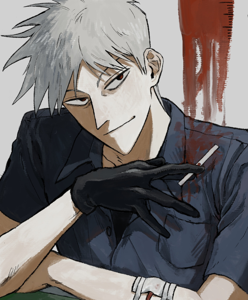 1boy akagi:_yami_ni_oritatta_tensai akagi_shigeru bags_under_eyes black_gloves blood blood_on_clothes blood_splatter cigarette closed_mouth collared_shirt commentary_request fukumoto_mahjong fukumoto_nobuyuki_(style) gauze gloves grey_hair grey_shirt harukawa_(b1kbah) head_tilt highres holding holding_cigarette looking_at_viewer male_focus medium_bangs pointy_nose red_eyes shirt short_hair smile solo upper_body