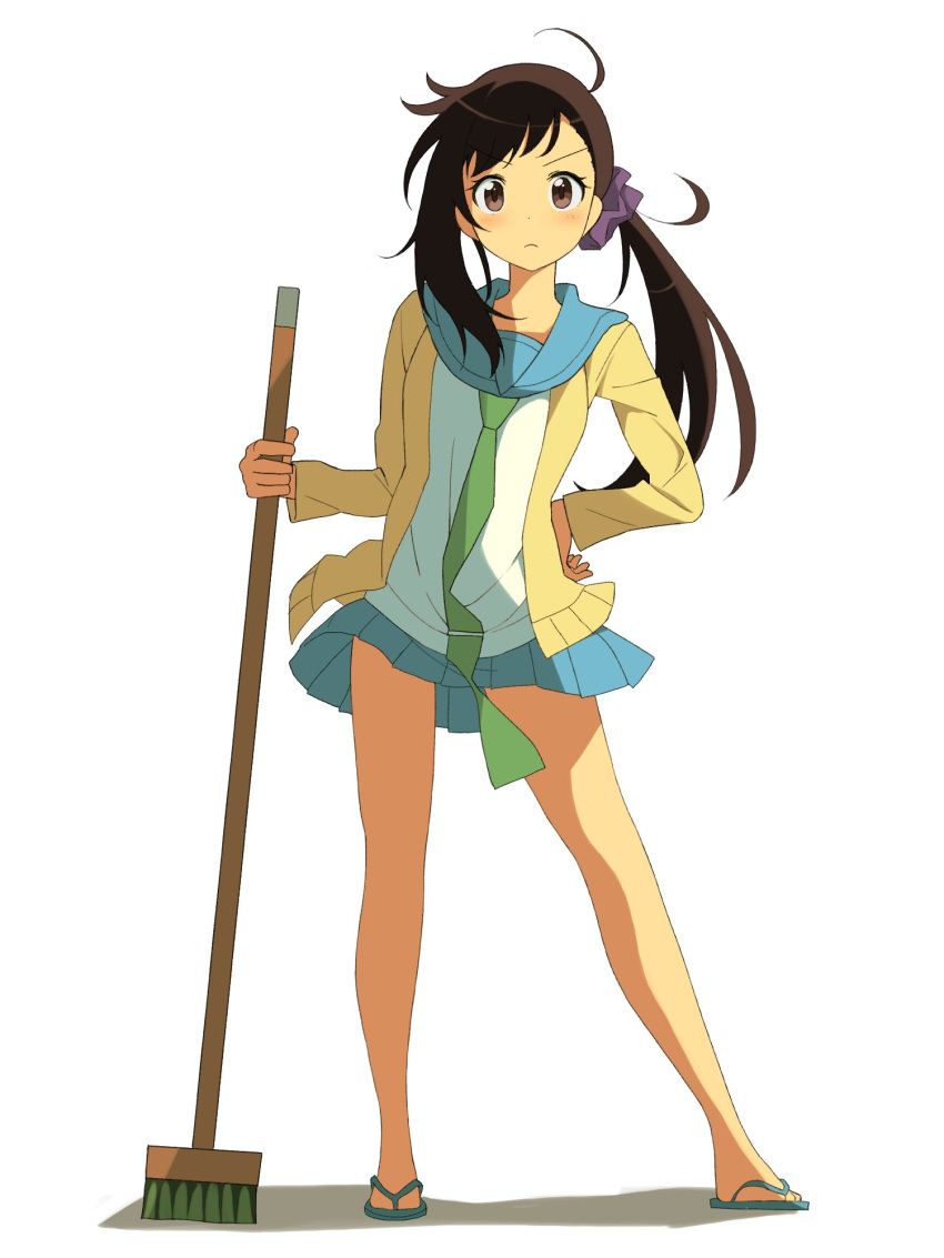 ahoge barefoot blue_sailor_collar blue_skirt blush bonyari_high_school_uniform broom brown_eyes brown_hair closed_mouth female full_body green_neckerchief hair_ornament hair_scrunchie highres holding holding_broom long_hair looking_at_viewer neckerchief nisekoi onodera_haru purple_scrunchie sailor_collar sandals school_uniform scrunchie shadow side_ponytail simple_background skirt solo tennosuke_(tejons) white_background