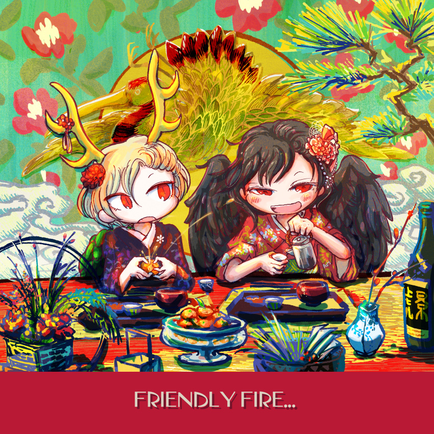 2girls alcohol alternate_costume antlers bird black_hair black_wings blonde_hair bowl choko_(cup) cloud crane_(animal) cup dragon_girl dragon_horns dragon_tail feathered_wings floral_print flower food fruit hair_flower hair_ornament highres horns japanese_clothes jizeru_(giselebon) kicchou_yachie kimono kurokoma_saki mandarin_orange multiple_girls no_headwear pegasus_wings red_eyes sake short_hair tail tokkuri touhou tree turtle_shell vase wings