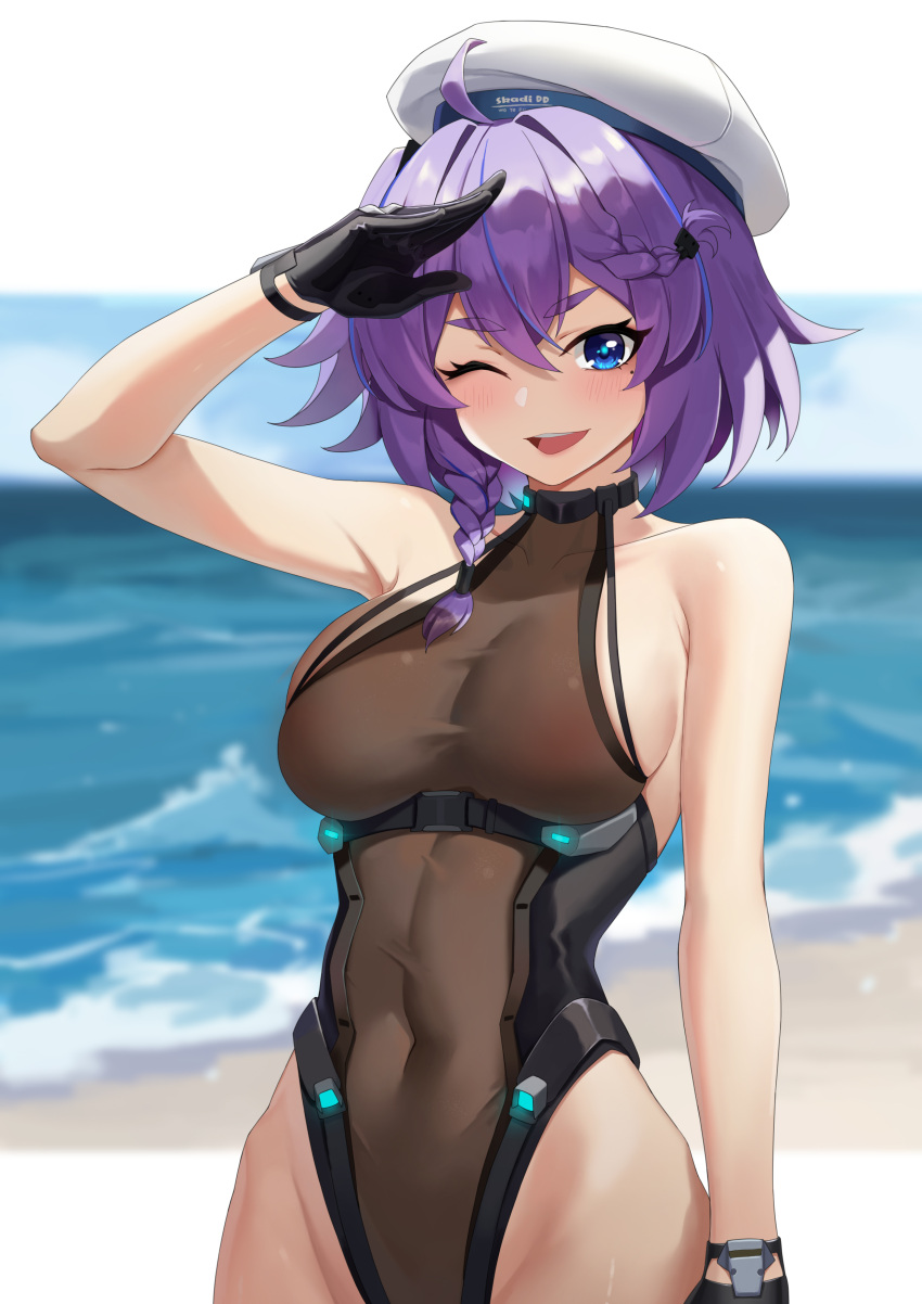 a_san_san absurdres aether_gazer bare_shoulders beach black_bodysuit black_gloves blue_eyes blush bodysuit breasts cleavage collarbone covered_navel female gloves hat highres large_breasts looking_at_viewer medium_hair mole mole_under_eye ocean one_eye_closed outdoors purple_hair sailor_hat salute sideboob skadi_(aether_gazer) sky smile solo