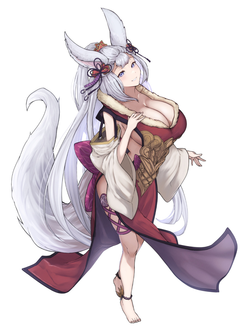 animal_ears anklet barefoot blue_eyes bow breasts cleavage detached_sleeves dress erune female fox_ears fox_girl fox_tail full_body gollizo granblue_fantasy grin hairbow highres jewelry large_breasts leg_ribbon long_hair ponytail red_dress ribbon side_slit sideboob simple_background smile societte_(granblue_fantasy) solo tail thigh_ribbon very_long_hair white_background white_hair wide_sleeves