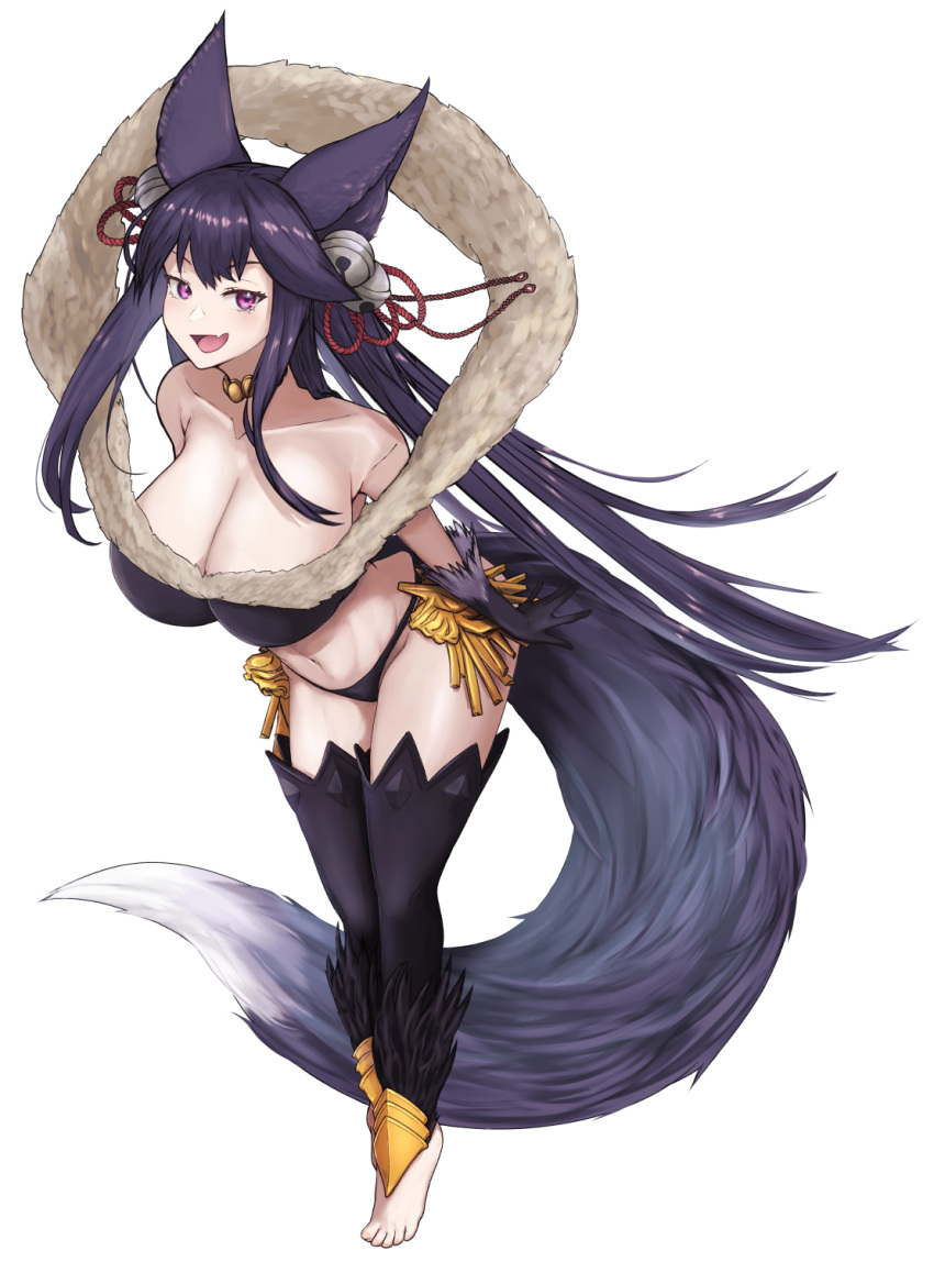 :d animal_ears barefoot bell bikini black_bikini black_hair breasts choker cleavage erune female fox_ears fox_girl fox_tail full_body gloves gollizo granblue_fantasy hair_bell hair_ornament highres jingle_bell large_breasts long_hair oerba_yun_fang pink_eyes simple_background skin_fang smile solo swimsuit tail thighhighs toeless_legwear very_long_hair white_background yuel_(granblue_fantasy)