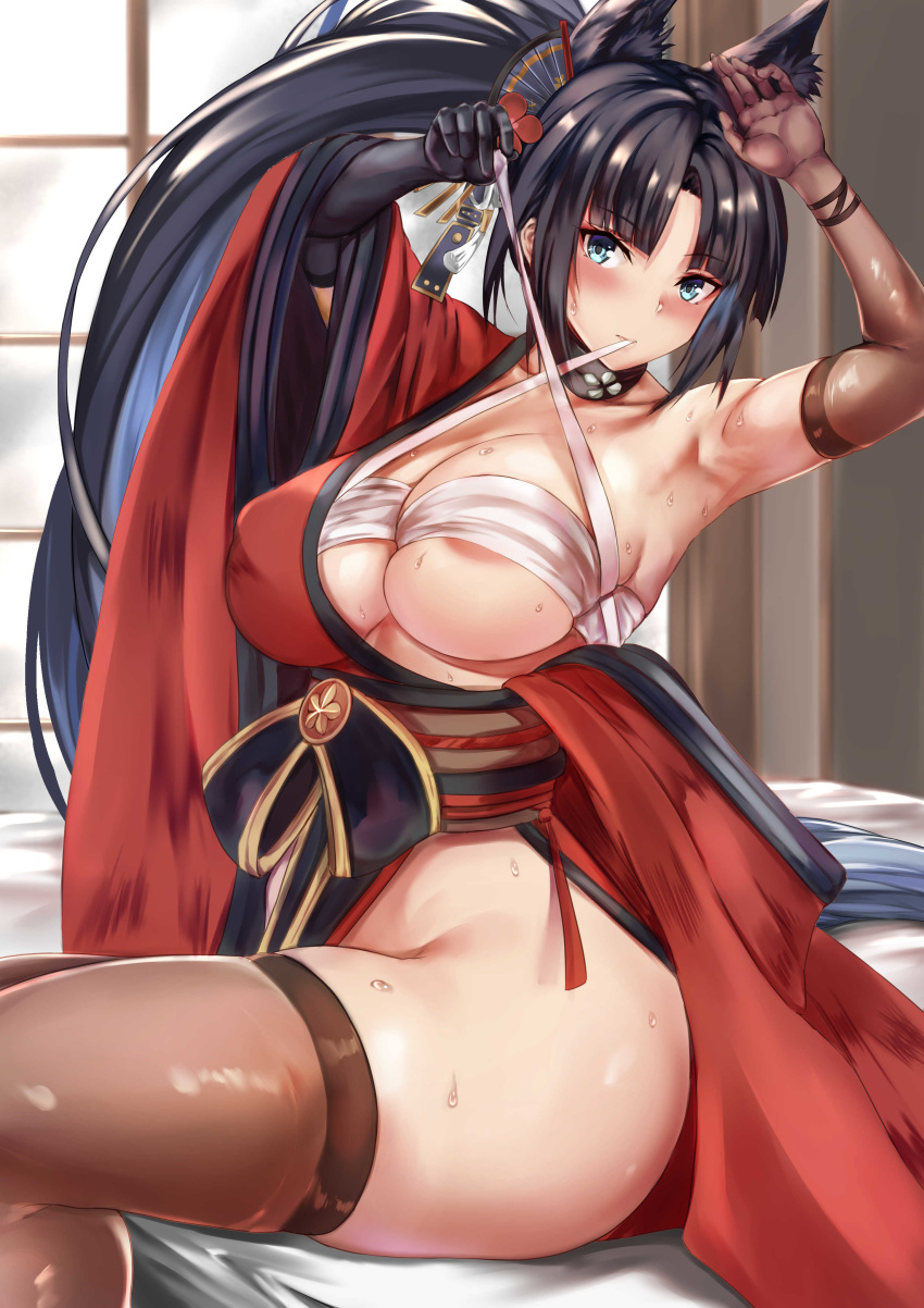 absurdres areola_slip armpits ass asymmetrical_gloves azur_lane black_hair blue_eyes breasts brown_thighhighs commentary_request covered_nipples female gloves hadanugi_dousa highres indoors japanese_clothes kii_(azur_lane) kimono large_breasts long_hair mismatched_gloves no_panties on_bed open_clothes open_kimono ponytail red_kimono sarashi single_bare_shoulder sitting skindentation solo sweat thighhighs thighs uchida_shou very_long_hair