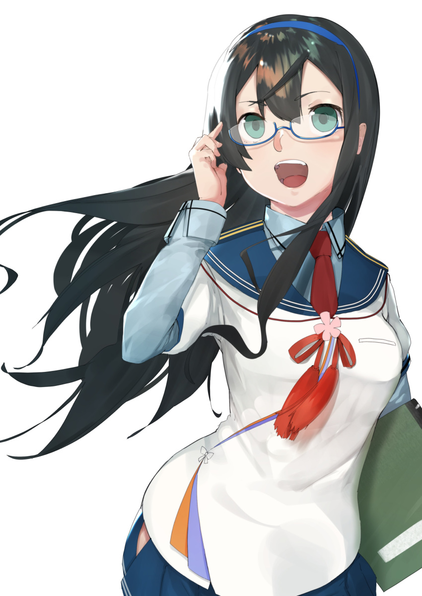 absurdres black_hair blue-framed_eyewear blue_hairband blue_sailor_collar blue_skirt book commentary_request female glasses green_eyes hairband highres hip_vent kantai_collection long_hair long_sleeves looking_at_viewer nanao_(aoyamahikari) necktie ooyodo_(kancolle) open_mouth pleated_skirt red_necktie sailor_collar school_uniform semi-rimless_eyewear serafuku simple_background skirt smile solo under-rim_eyewear upper_body white_background