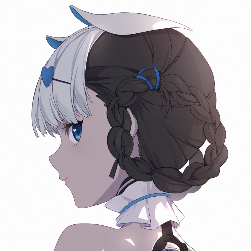 absurdres bambinata:_vitrum_(punishing:_gray_raven) bambinata_(punishing:_gray_raven) black_hair blue_eyes blunt_bangs braid braided_hair_rings collar cyborg detached_collar female frilled_collar frills from_behind hair_ornament hairclip highres looking_at_viewer looking_back lzypoipoi multicolored_hair portrait profile punishing:_gray_raven solo two-tone_hair white_background white_collar white_hair