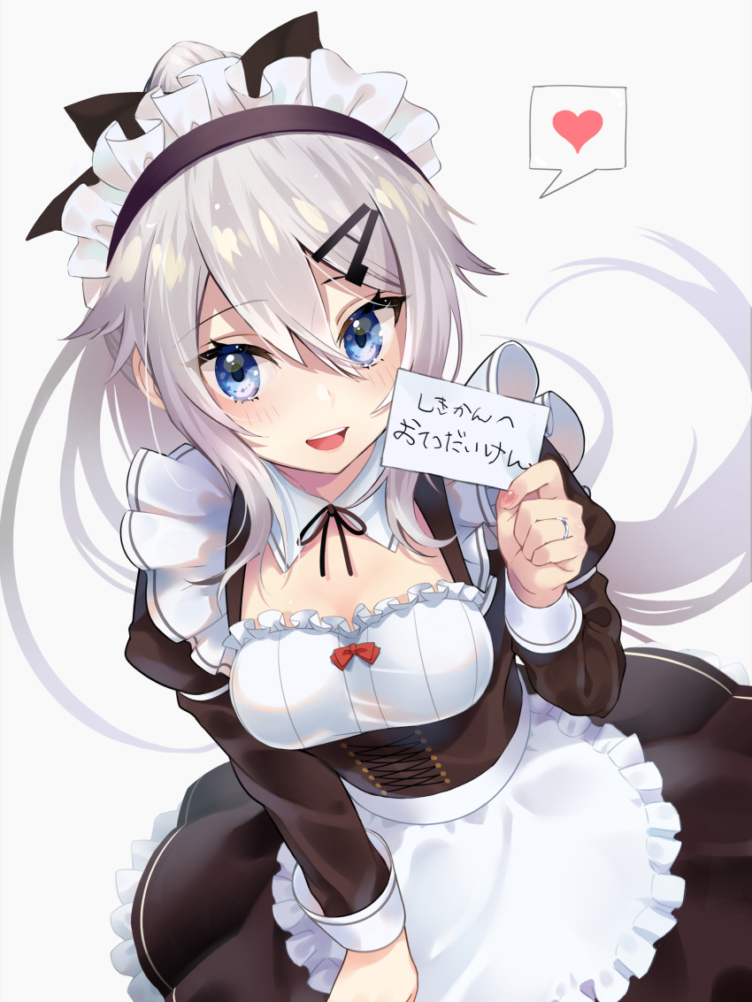 9a-91_(girls'_frontline) absurdres alternate_costume apron black_ribbon blue_eyes blush breasts card commentary_request corset detached_collar dress female frills gen_(gen_m_gen) girls'_frontline hair_between_eyes hair_ornament hairclip heart highres holding holding_card jewelry long_hair looking_at_viewer maid maid_headdress medium_breasts nail_polish open_mouth pink_nails ribbon ring simple_background smile solo spoken_heart teeth translated upper_teeth_only very_long_hair wedding_ring white_hair